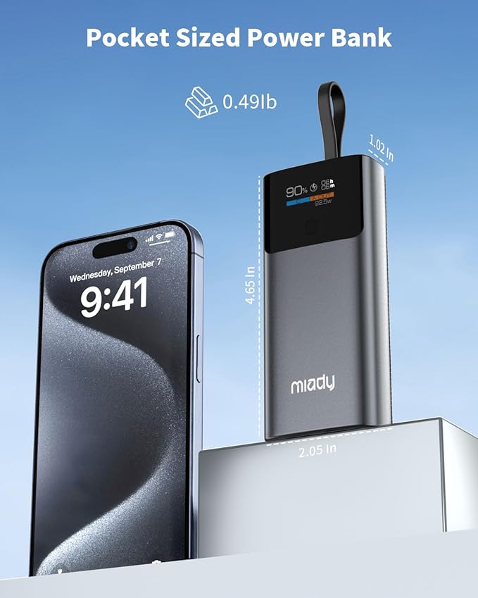 Miady Portable Charger, PD 35W Fast Charging Small Power Bank has Smart Digital Display Screen, 10000mAh Battery Pack Built-in USB-C Cable Compatible with iPhone 16/15 Galaxy S24/S22 Android and More