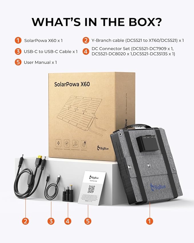 BigBlue 60W Portable Compact Solar Panel with PD 45W USB-C, 20W USB-A, DC Ports for Power Stations, Cellphones, Power Banks, Tablets, IP68 Waterproof, Foldable Camping Solar Charger with Kickstand