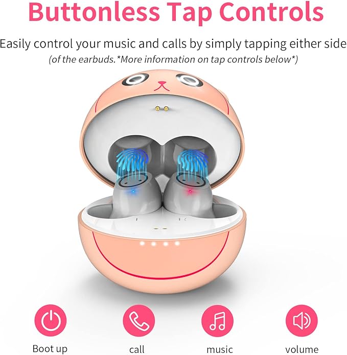 Bluetooth Wireless Earbuds for Kids Small Ears, TWS Bluetooth Headphones, HiFi Stereo Wireless Earphones Sweat-Proof Touch Control Headset with Cartoon Charging Case - Piggy Cat