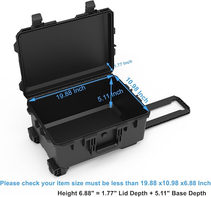 Waterproof Travel Camera Hard Case with Padded Divider, 22 x 14 x 10 Inch, Rolling Case for Camera, Gear, Equipment, Dustproof, Shockproof,Airline Carry-On Approved, Inner 19.8"x 10.9" x 6.8"