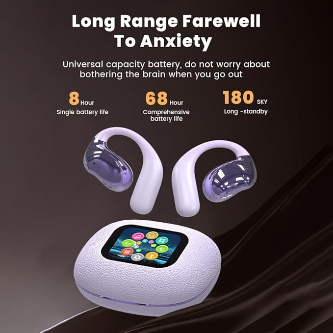 Open Ear Earbuds Ultra Comfort Wireless Bluetooth 5.4 Headphones Over The Ear Earbuds with Intelligent Touch Screen EarHooks IPX7 Waterproof Bone Conduction Earphones for Fitness Sports-Purple