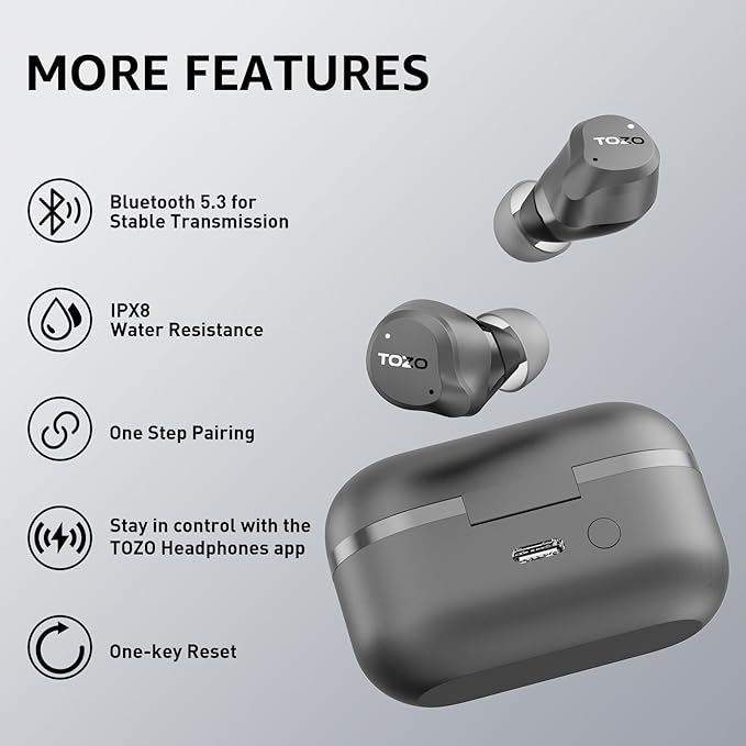 TOZO Hybrid Active Noise Cancelling Wireless Earbuds, 6 Mics ENC Clear Call, IPX8 Waterproof, in Ear Bluetooth 5.3 Headphones Stereo Bass Ear Buds 59H Playtime with LED Display 32 EQs via APP