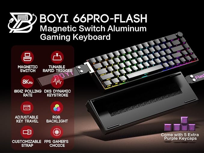 BOYI 66Pro-Flash Aluminum Magnetic Switch Gaming Keyboard,65% Rapid Trigger Hall Effect HotSwap Hyper-Fast Adjustable Actuation Side Printed Keycaps RGB Backlit Wired Custom Keyboard with Knob
