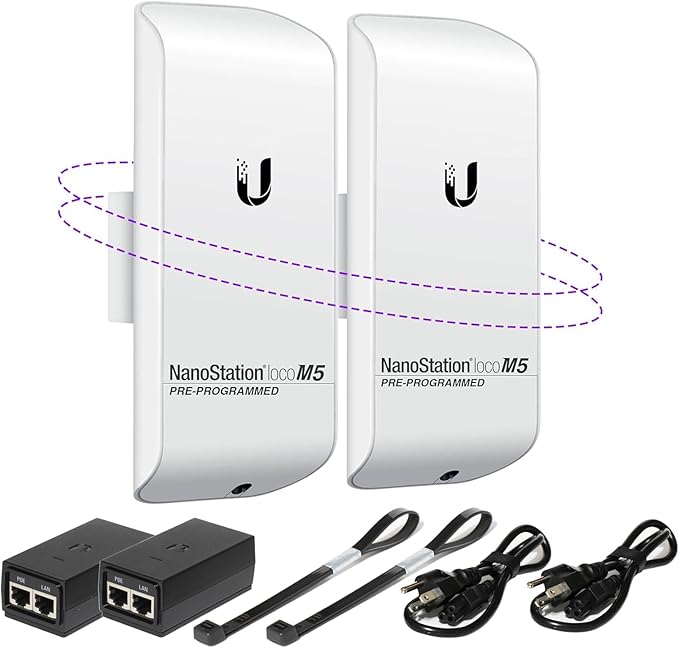 Wireless Bridge LOCOM5 PRE-Programmed Bundle of 2 Ubiquiti Nanostation LOCO M5, Point to Point Outdoor WiFi Bridge, Plugh and Play, 5GHz, 150+Mbps, 15+km Link Range Network Wireless Bridge.
