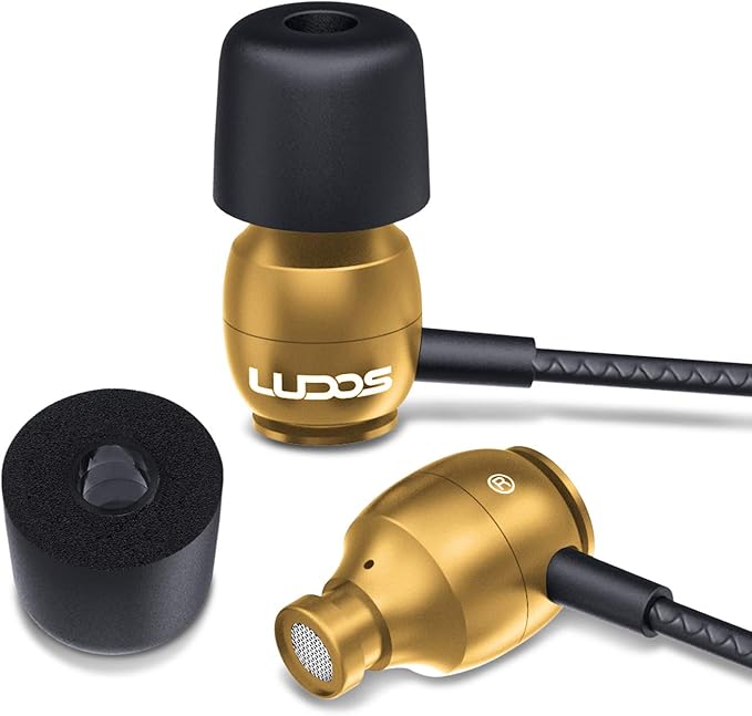 LUDOS Clamor Wired Earbuds in-Ear Headphones, 5 Years Warranty, Earphones with Microphone, Noise Isolating Ear Buds, Memory Foam for iPhone, Samsung, School Students, Kids, Women, Small Ears - Gold