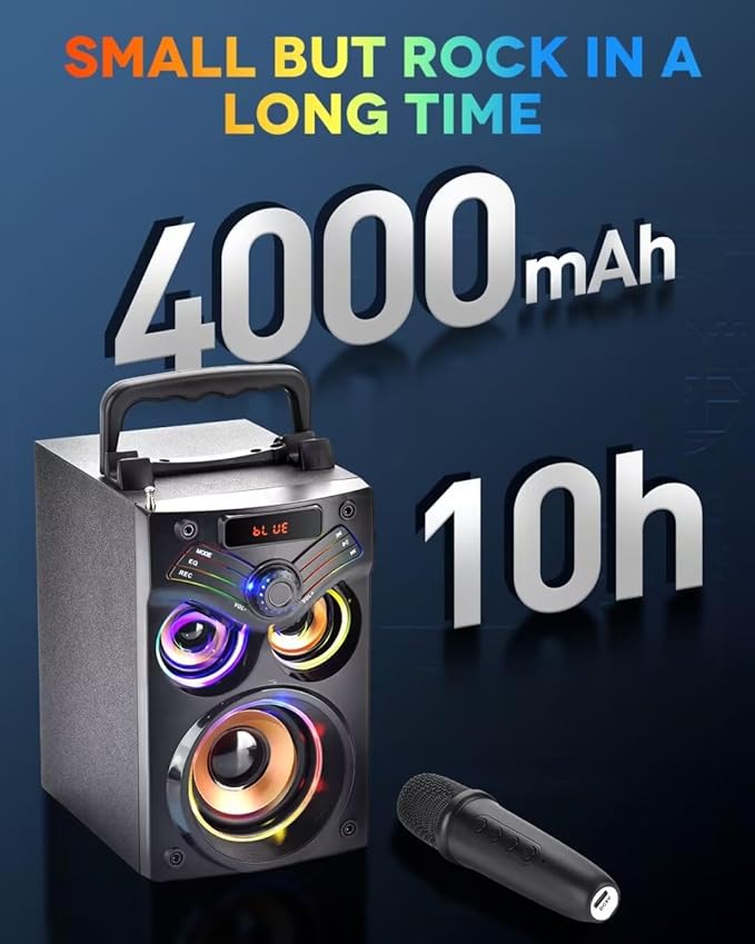 SUPINIU Bluetooth Speaker, 15W Wireless Portable Speaker with LED Owl Lights, Stereo Sound, FM Radio, EQ, TF, Party Speakers with Wireless Microphone for Home,Camping, Beach,Garage