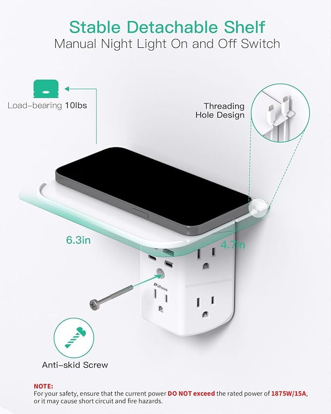 Wall Outlet Extender with Shelf and Night Light, Surge Protector, USB Wall Charger with 5 AC Outlets and 2 USB A Ports 2 USB C Ports Wide Space 3-Sided Power Strip Multi Plug Outlets