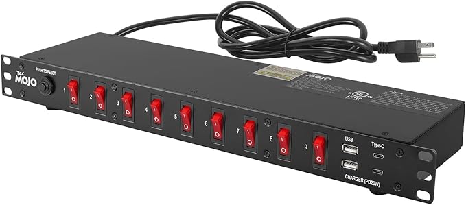 Tecmojo 9-Outlet Rack Mount Power Strip,1U Horizontal PDU Individual Switch 6ft Cord, with 2USB and 2 Type-C,for IT and Network Racks and Cabinets