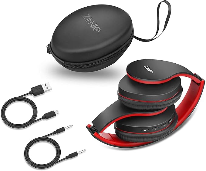 ZIHNIC Bluetooth Headphones Over-Ear, Foldable Wireless and Wired Stereo Headset Micro SD/TF, FM for Cell Phone,PC,Soft Earmuffs &Light Weight for Prolonged Wearing (Black/red)
