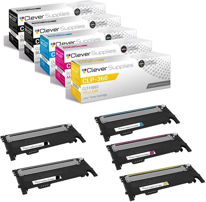CS Replacement Toner Cartridge Compatible with Samsung CLP 360 CLT-K406S Black CLT-C406S Cyan CLT-Y406S Yellow CLT-M406S Magenta CLP-360 363 365W 366W 367W 368 3302 3303FW 3305FW 3306W 5 Color Set