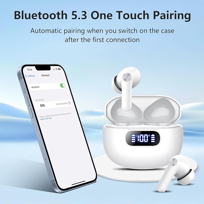 Wireless Earbuds, Bluetooth Earbuds with LED Power Display, Bluetooth 5.3 Headphones with Bass Stereo Sound 48Hours Playtime in Ear Ear Buds ENC Noise Cancelling Mic,IP7 Waterproof for Sports Workout