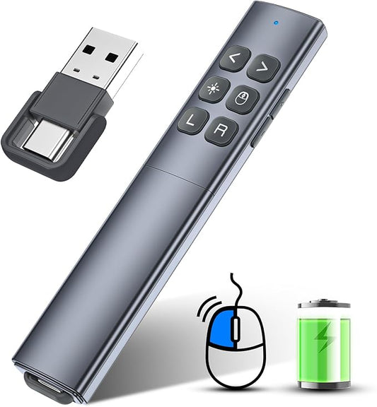 Presentation Clicker with Air Mouse - USB C Wireless Presenter Remote Clicker with Pointer, RF 2.4GHz PowerPoint Clicker for Presentation, Computer Pointer Clicker Slide Advancer for Mac,Laptop