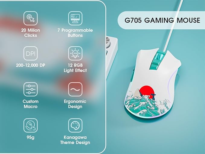 XVX Wired Gaming Mouse, 12000 DPI RGB Mouse with 12 Backlit Modes & 7 Macro Buttons, PC Gaming Mice Support DIY Keybinding, Gamer Computer Mice for Laptop PC Mac Windows, Coral Sea