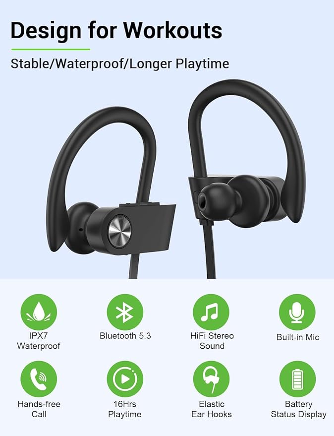Stiive Bluetooth Headphones, 5.3 Wireless Sports Earbuds IPX7 Waterproof with Mic, Stereo Sweatproof in-Ear Earphones, Noise Cancelling Headsets for Gym Running Workout, 16 Hours Playtime - BlackGrey