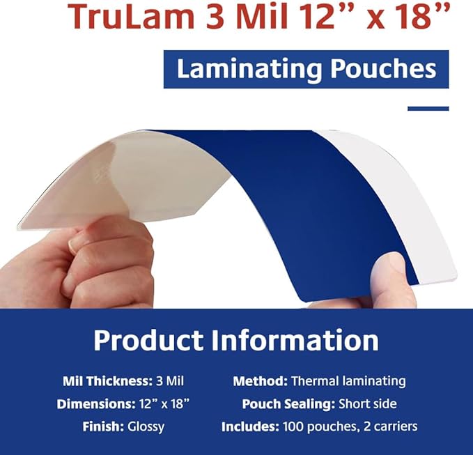 TruLam 3 Mil Laminating Pouches with Rounded Corners | Menu Large Size | 12 in. x 18 in. | Glossy Finish | Premium Adhesive for High-Clarity | 2 Carriers Included | 100 Pack