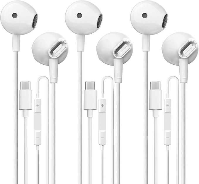 USB C Headphones 3 Pack, Type C Earbuds HiFi Stereo, Type C Earphones with Microphone Volume Control Compatible with Samsung, Google, iPhone 17 16 Pro iPad Pro, Android Phones, for Most USB C Devices
