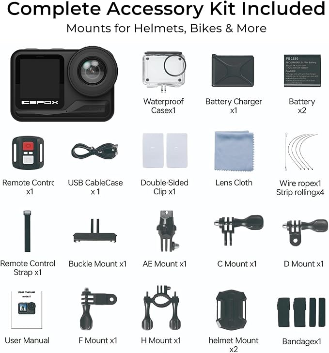 icefox i7 Action Camera 4K 60FPS 30MP with 2X 2150mAh Batteries, Underwater Camera with 5X Zoom, EIS, Powered by Snappro App,Support Video&Photo Editing,Waterproof, WiFi Remote Control