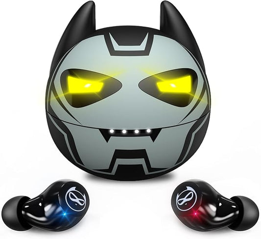 Wireless Earbuds for Small Ears, Touch Control Headset Stereo Sound in-Ear Wireless Headphones, Bluetooth 5.0 Noise Reduction Earphones with Cartoon Blinking Eyes Iron People Charging Case