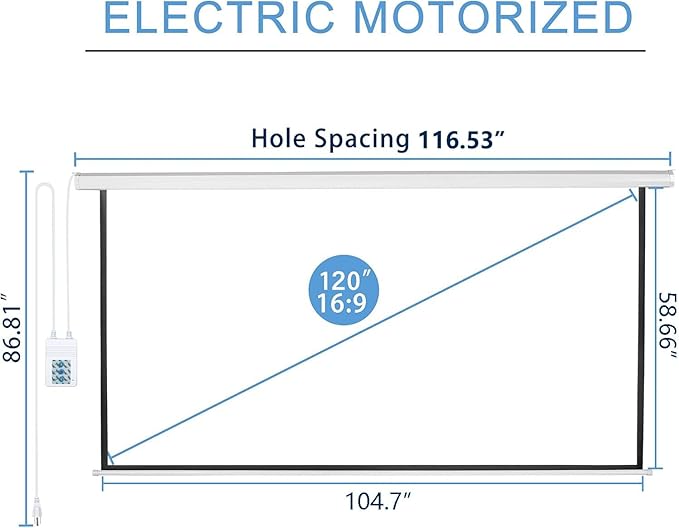 Kayle 120" Motorized Projector Screen Electric Diagonal Automatic Projection 16:9 HD Movies Screen for Home Theater Presentation Education Outdoor Indoor W/Wireless Remote, Wall/Ceiling Mount (White)