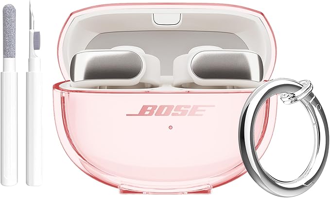 for Bose Ultra Open Earbuds Case Clear 2024,Full Protective Shockproof Soft Transparent TPU Cover for Bose Open Ear Wireless Earbud Headphone Accessories with Carabiner and Cleaning Pen-Pink