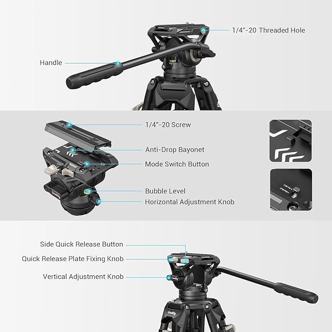 SmallRig AD-01 Video Tripod, 73" Heavy Duty Tripod with 360 Degree Fluid Head and Quick Release Plate for DSLR, Camcorder, Cameras 3751