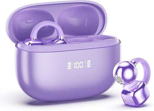 PAXA Clip On Earbuds, Clipbuds7 Open Ear Earbuds Wireless Bluetooth 5.4 with LED Display, Auto L-R Ear Recognition and Touch Control, Ultra-Light 4.5g Fit Comfort for Sports Fitness Daily Use, Purple