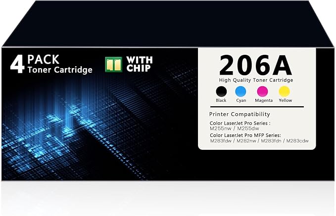206A Toner Cartridge 4 Pack with Chip Compatible with HP 206A 206X W2110A W2111A W2112A W2113A Replacement for HP Color Laser Jet Pro MFP M283fdw M255dw M283cdw M255nw M282nw Printer (BK/C/M/Y)