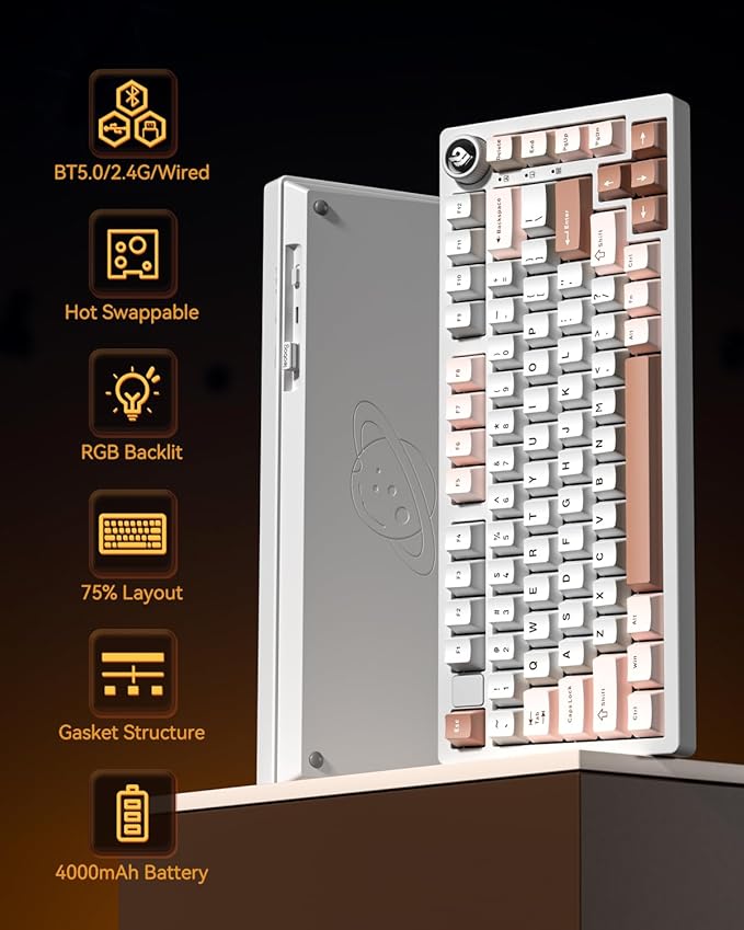 HI75CPro Mechanical Keyboards, RGB Backlit Tri-Mode BT5.0/2.4GHz/USB-C Gaming Keyboard, Hot Swappable Creamy Keyboard with PBT Keycaps for PC/Windows/iOS/Andriod - Turquoise Switch, Brown