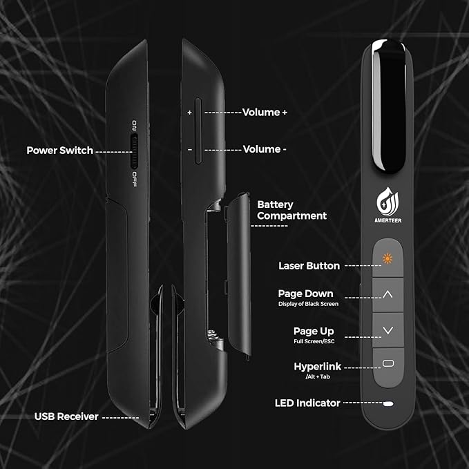 AMERTEER Wireless Presenter,Support Hyperlink RF 2.4GHz Powerpoint PPT Clicker Presentation Remote Control Laser Pointer Flip Pen