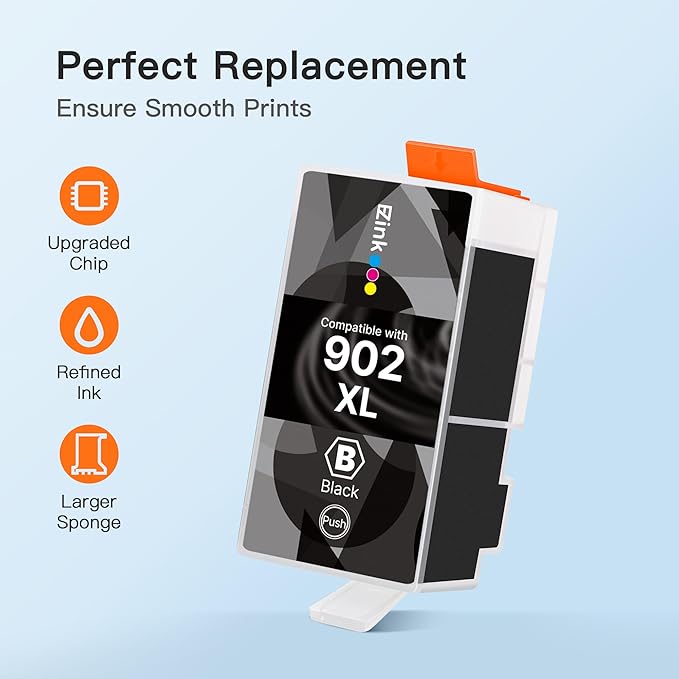 E-Z Ink Compatible 902 Ink for HP 902XL Black 2 Pack Replacement for 902XL Ink Cartridges for HP Printers to use with Officejet Pro 6978 6968 6970 6974 6975 6960 Officejet 6962 6958 6950 6954 6951