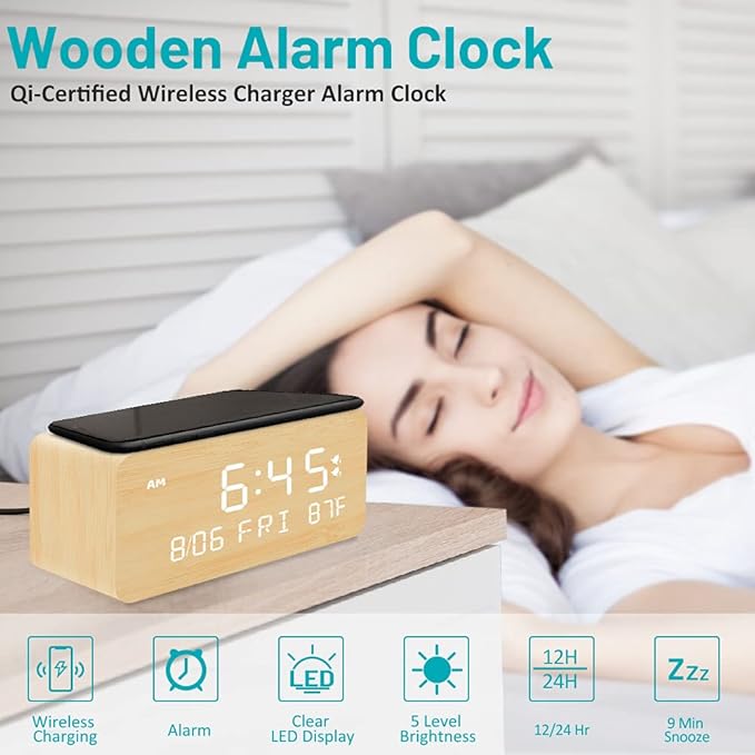 Andoolex Wooden Digital Alarm Clock with Wireless Charging, 0-100% Adjustable Brightness Dimmer and Alarm Volume, Weekday/Weekend Mode, Dual Alarm, Snooze, 12/24H, Wood LED Clock for Bedroom (Bamboo)