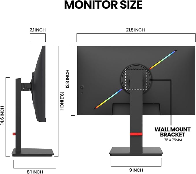 CRUA 24.5Inch Gaming Monitor 144Hz/165Hz, FHD(1920x1080P) 120% sRGB Computer Monitor, Height/Pivot/Swivel/Tilt Adjustable Vertical Monitor, Support FreeSync, DP,HDMI, Wall Mount (75mmX75mm)