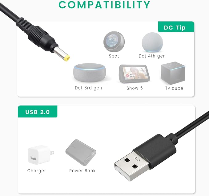 Power Cord for Echo Dot 4th Gen, 3rd Generation, Alexa Spot - USB 5V to DC 12V Cable Charger Adapter 3 Ft