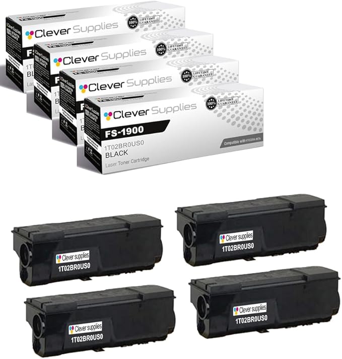 Clever Supplies CS Replacement Compatible with Kyocera FS 1900 Toner Cartridge 1T02BR0US0 to use with FS-3800 FS-1800 FS-1900N FS-1800N FS-3800N (Black, 4-Pack)