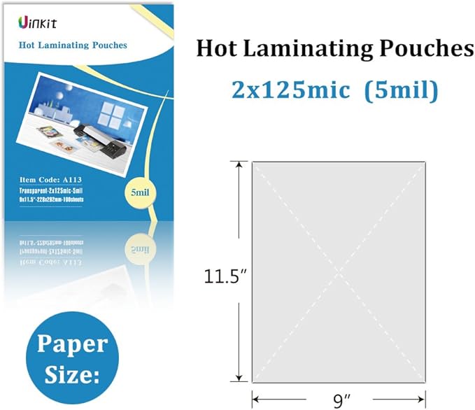 Uinkit 5Mil 100Pack Hot Thermal Laminating Pouches 9x11.5-Inches Laminating Sheets, for Sealed Photo and Documents Clear Letter Size 8.5x11-Inches Laminated Paper