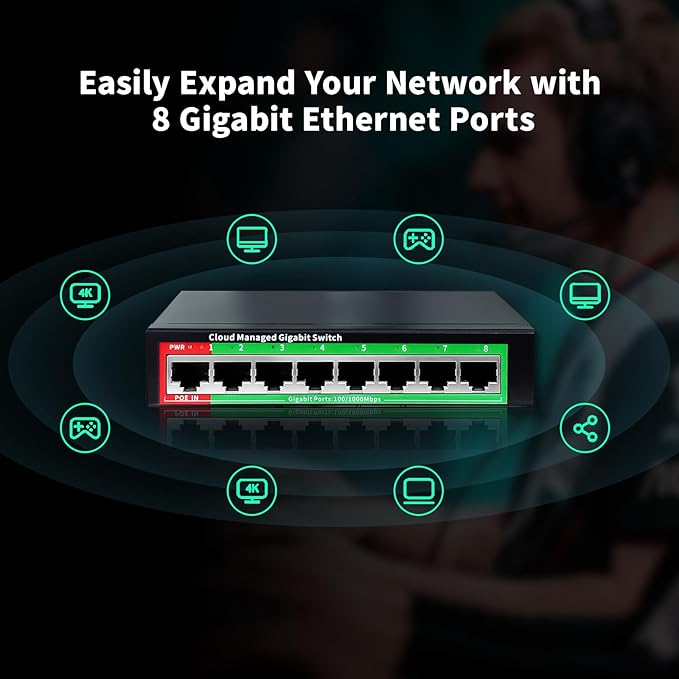 STEAMEMO 8-Port Gigabit Ethernet Switch | Smart Managed with VLAN & QoS | Plug & Play Desktop/Wall-Mount Network Hub w/ PoE in Design | Metal Housing & Web Managed(Includes Power Adapter)