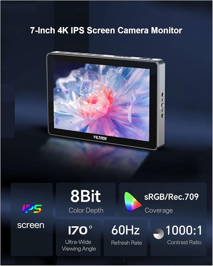 VILTROX DC-L1 7" 4K HDMI Camera Field Monitor, 600nit Touch Screen, 4K 30Hz HDMI Loop in/Out DSLR Video External Monitor for Sony Canon Nikon with Sunshade Hood, Battery, Storage Bag