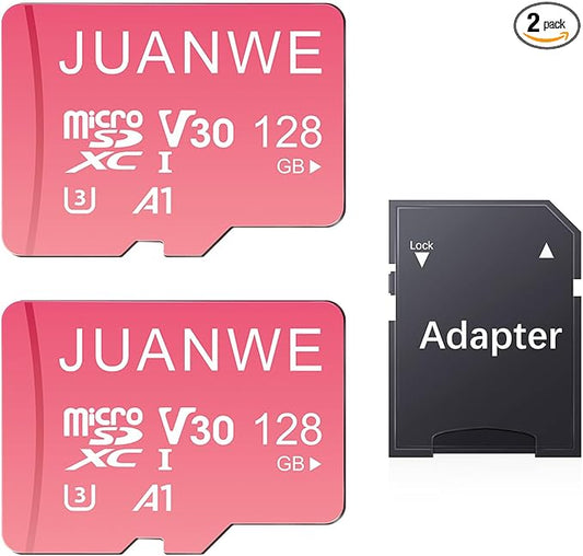 JUANWE 128GB Micro SD Card 2 Pack 128GB TF Card with Adapter, microSDXC Memory Card for Camera, Drone, U3, A1, V30, 4K UHD, UHS-I, SD Card