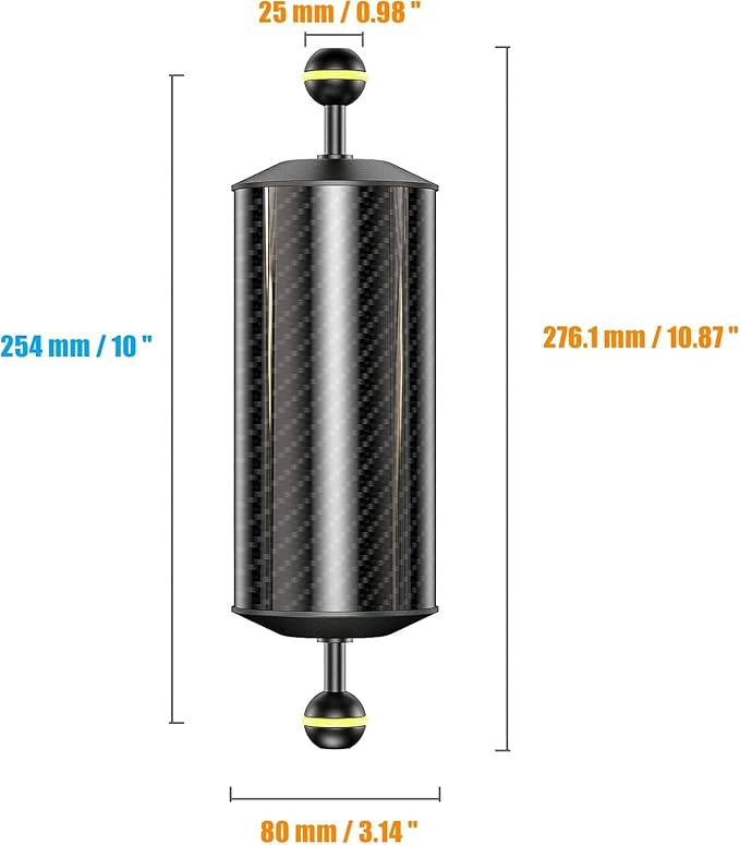 Sea frogs Carbon Fiber Float Arm D80mm, 10'', for Ultralight, Aquatic Arm, Buoyancy Provided 900g, Underwater Camera System Diving Tray Video Light/Strobe GA-11