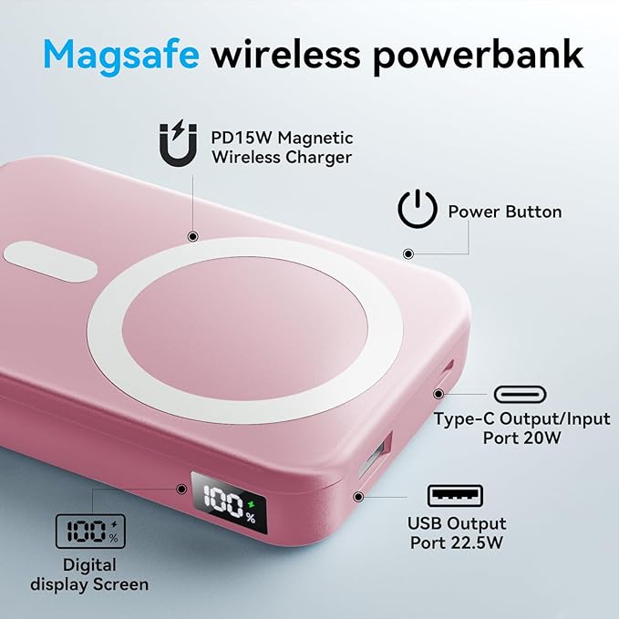for Magsafe Battery Pack, 10000mAh Wireless Portable Charger with 20W USB-C Fast Charging, Foldable Stand & LED Display Magnetic Power Bank, Compatible with iPhone 16/15/14/13/12 All Series-Pink