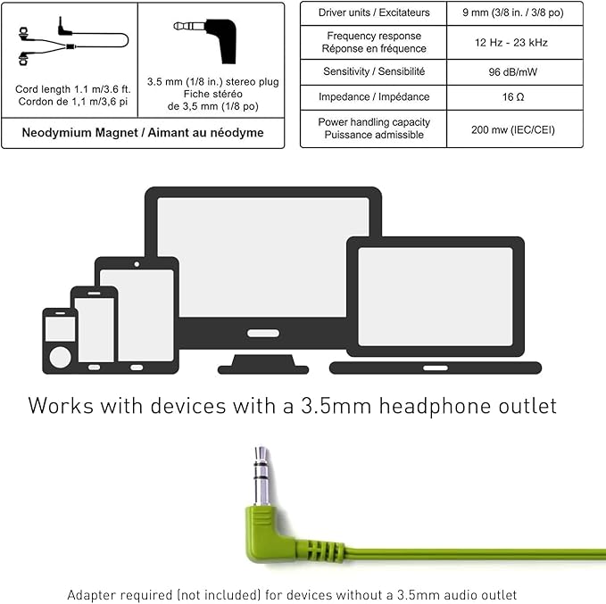 Panasonic ErgoFit Wired Earbuds, 3.5mm Jack In-Ear Headphones with Dynamic Crystal-Clear Sound and Ultra Soft Ergonomic Custom-Fit Earpieces (S/M/L), for Phones and Laptops - RP-HJE120-G (Green)