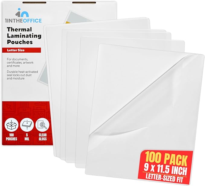1InTheOffice Laminating Sheets 5 mil, Lamination Sheets 9 x 11.5, Thermal Pouch, Letter Size Clear, 100 Pack