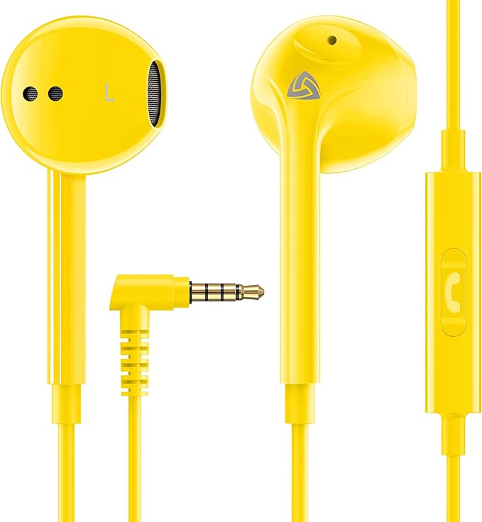 LUDOS Zenith Wired Earbuds in-Ear Headphones, 2 Years Warranty, Earphones with Microphone, Corded for 3.5mm Jack Ear Buds for iPhone, Samsung, Computer, Laptop, Kids, School Students, Woman - Yellow