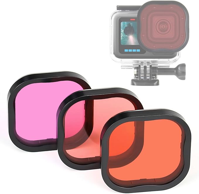 3 Pack Dive Filters for GoPro Hero 8 9 10 11 12 13 Official Waterproof Housing Case (Red, Light Red, Magenta Filters) - Color Correction in Deep Diving/Scuba Snorkeling/Underwater Photography