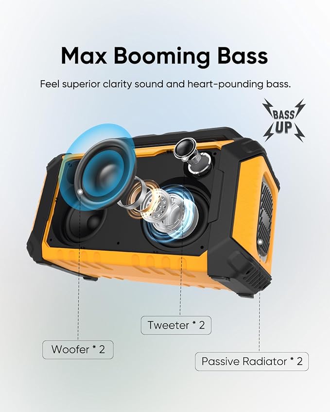Inwa Jobsite Bluetooth Speakers, 60W Outdoor Portable Wireless Speakers, Compatible with DeWalt & Milwaukee Battery, Loud Boombox w/Bass, RGB Lights & Aux, for Work/Workshop/Garage(Golden)
