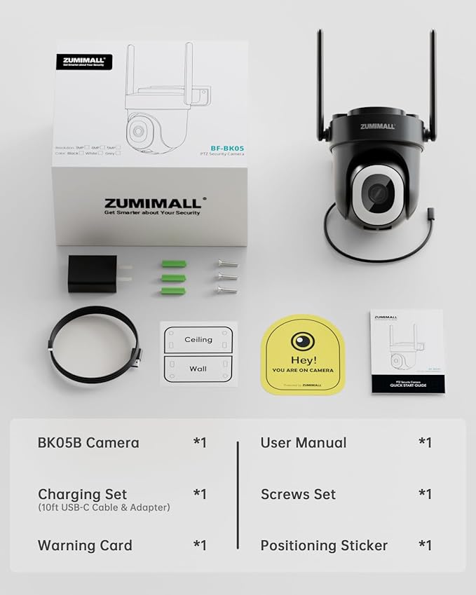 ZUMIMALL Security Camera Wireless Outdoor 3MP HD Black, 2.4G/5G WiFi, 24/7 Recording Wired Power | Auto Tracking, Motion & Noise Detection, Color Night Vision, 2-Way Audio | Alexa, Google