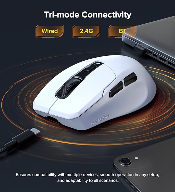 Wireless Gaming Mouse, 24000 DPI, 1K Polling Rate, Tri-Mode 2.4GHz/USB-C/Bluetooth Ergonomic Mouse， Web-Driven, 120 Hours Battery Life, Rechargeable Gaming Mice for PC/Mac/Tablet/Xbox, White