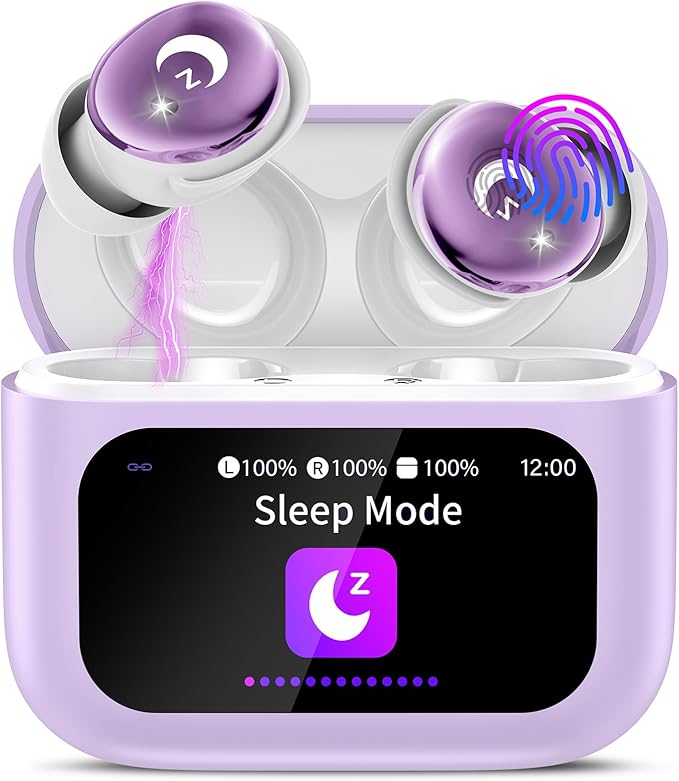 Sleep Earbuds Bluetooth 5.4 Smart Touch Screen in Ear Ear Buds, 48H Mini Sleep Headphones Small Design for Side Sleepers, Clear Calls, 5 EQ Modes, IPX7 Waterproof Earphones, Light Purple Earbuds