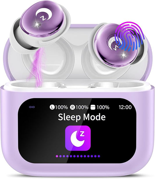 Sleep Earbuds Bluetooth 5.4 Smart Touch Screen in Ear Ear Buds, 48H Mini Sleep Headphones Small Design for Side Sleepers, Clear Calls, 5 EQ Modes, IPX7 Waterproof Earphones, Light Purple Earbuds