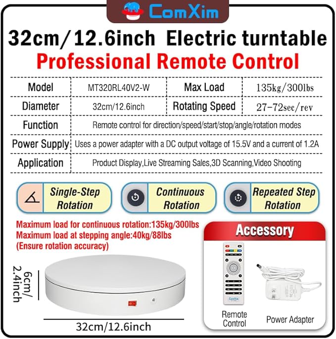 12.6In/32cm Rotating Platform, 88-300lbs Capacity Motorized Electric Turntable, Heavy Duty Motorized Rotating base, Large Motorized Rotating Display Stand,Photography Turntable with Remote